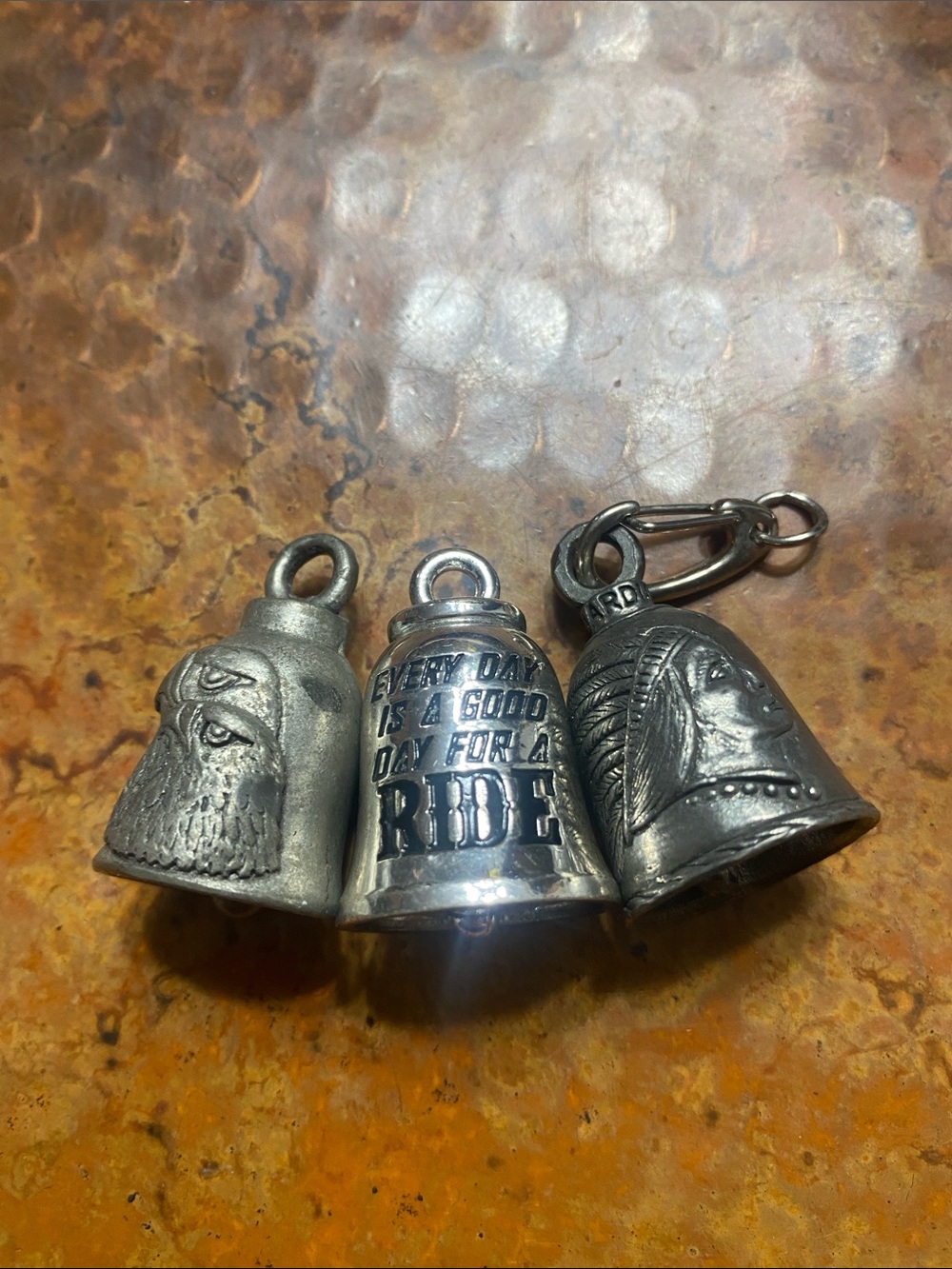 Silver Motorcycle Ride Bells Trio - Eagle & Native Head Harley Designs